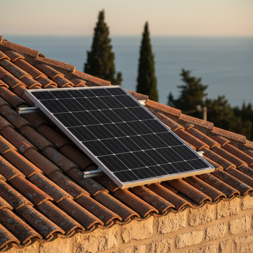 A close-up, photographic view of a single high-efficiency solar panel mounted on a sturdy aluminum frame, installed on the red-tiled roof of a traditional stone house typical of Dubrovnik-Neretva villages. Fine textures of the aged terracotta tiles and light-colored stone walls surround the sleek, reflective panel surface. Late afternoon sunlight from the side creates subtle specular highlights across the solar cells and soft shadows under the mounting rails. In the blurred background, hints of cypress trees and the blue Adriatic sea suggest a coastal hillside setting. Captured at eye level with shallow depth of field, the mood is professional yet warm, illustrating how modern photovoltaics can be sensitively integrated into the region’s existing architecture.