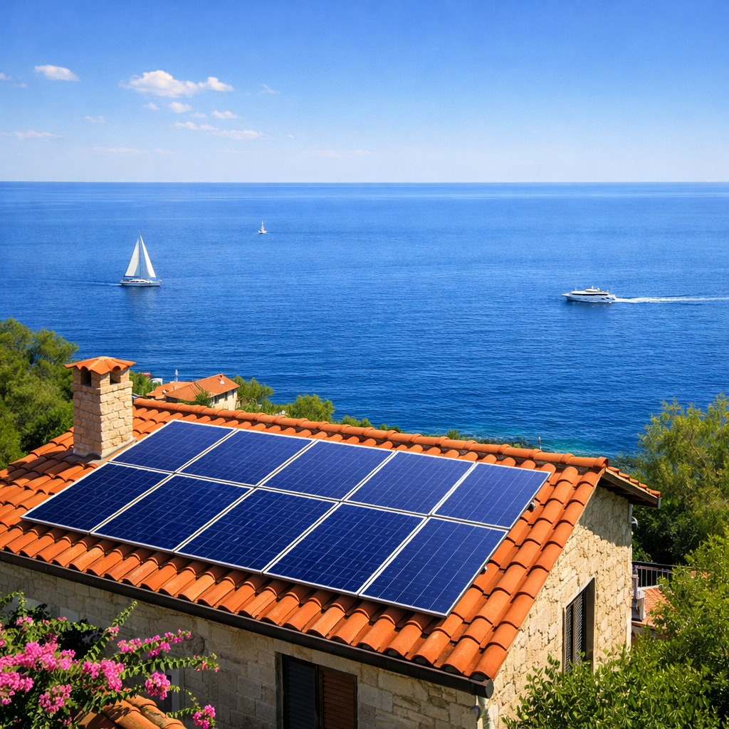Solar panels mounted on terra-cotta tiled roof of stone house near blue sea with boats