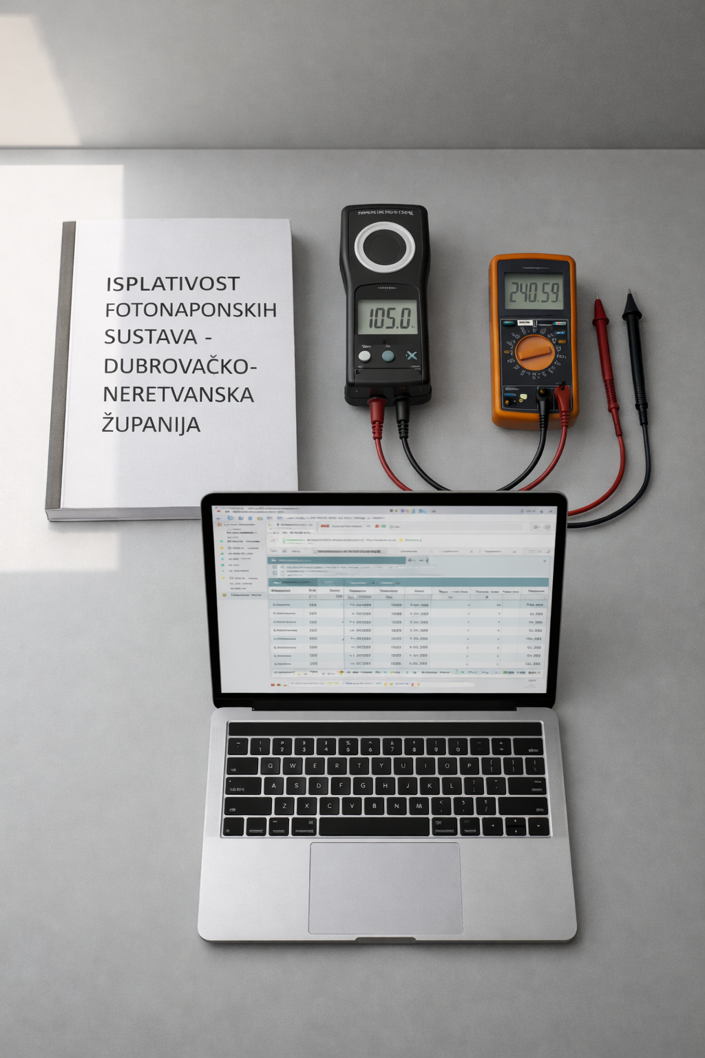 A carefully composed, photographic still life of professional solar energy analysis tools laid out on a smooth, light-gray technical desk. A high-precision solar irradiance meter, a digital multimeter with fine red and black probes, a thick printed report labeled “Isplativost fotonaponskih sustava – Dubrovačko-neretvanska županija”, and an open laptop displaying a detailed spreadsheet of LCOE and payback periods are arranged in an orderly manner. Soft, diffused daylight from a nearby window creates gentle, shadowless illumination with subtle reflections on the instrument screens. Shot from an overhead, top-down perspective with meticulous alignment, the aesthetic is minimalist, clean, and highly professional, emphasizing rigorous economic and technical evaluation of photovoltaic investments.