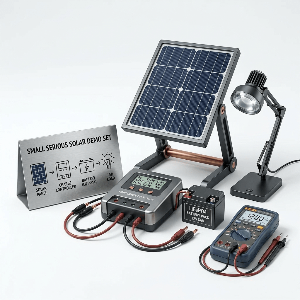 Small solar panel system with charge controller, battery, inverter, light bulb, and phone charging outdoors