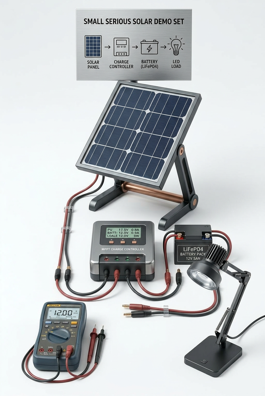 Small solar panel system with charge controller, battery, inverter, light bulb, and phone charging outdoors